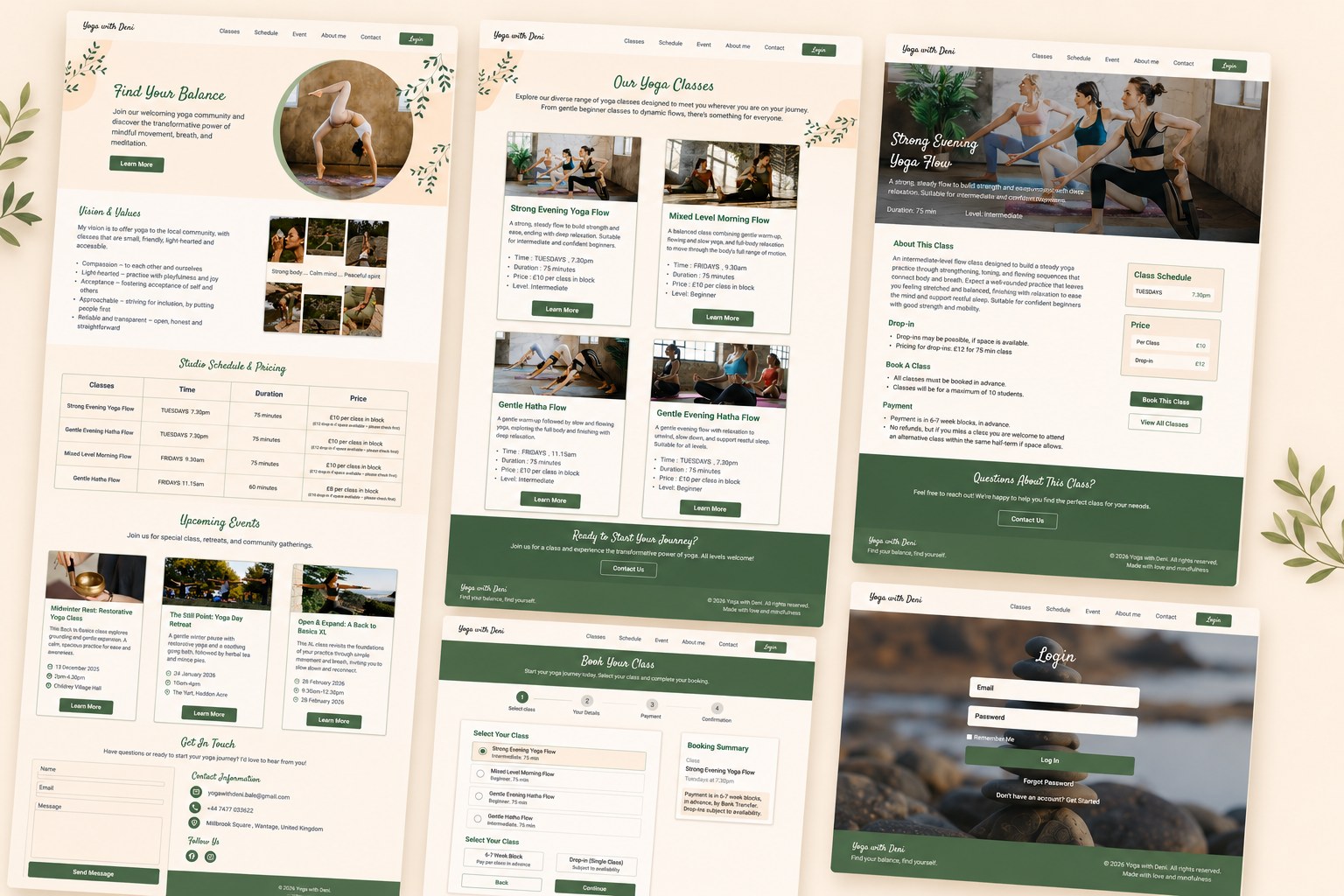 Composite: Home Page, Classes Page, Class Page, Booking, and Login screens